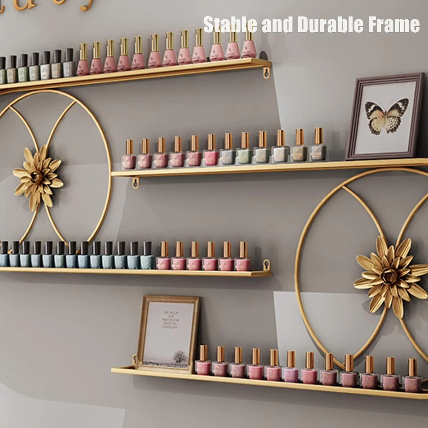 QQXX Metal Nail Polish Bottles Display Organizer,U-Shaped Wall Mounted Holder,Salon Beauty Retail Store Perfume Essential Oil Shelf,Multifunctional Hanging Nail Polish Display Rack(8-Piece Set, Gold)