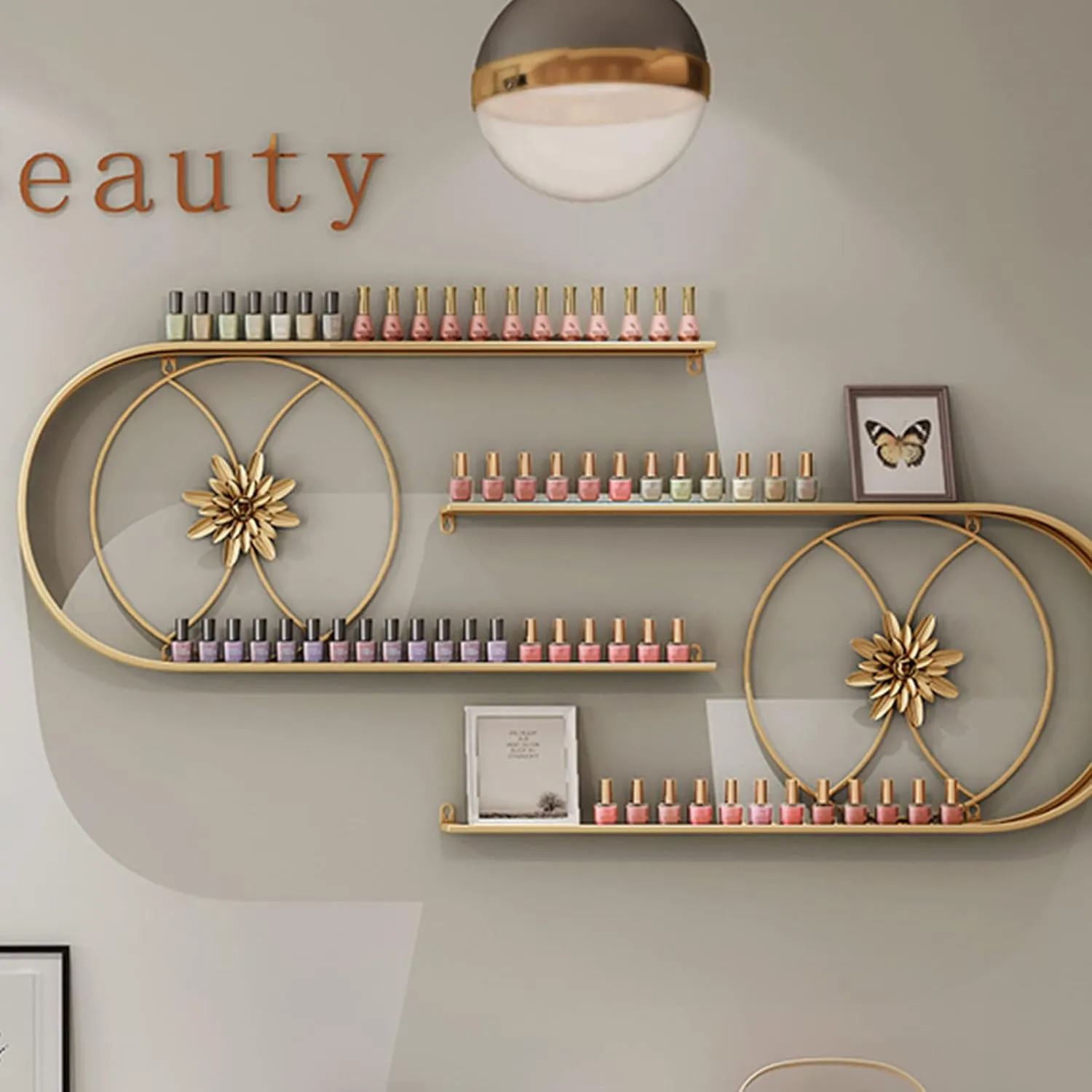 QQXX Metal Nail Polish Bottles Display Organizer,U-Shaped Wall Mounted Holder,Salon Beauty Retail Store Perfume Essential Oil Shelf,Multifunctional Hanging Nail Polish Display Rack(8-Piece Set, Gold)