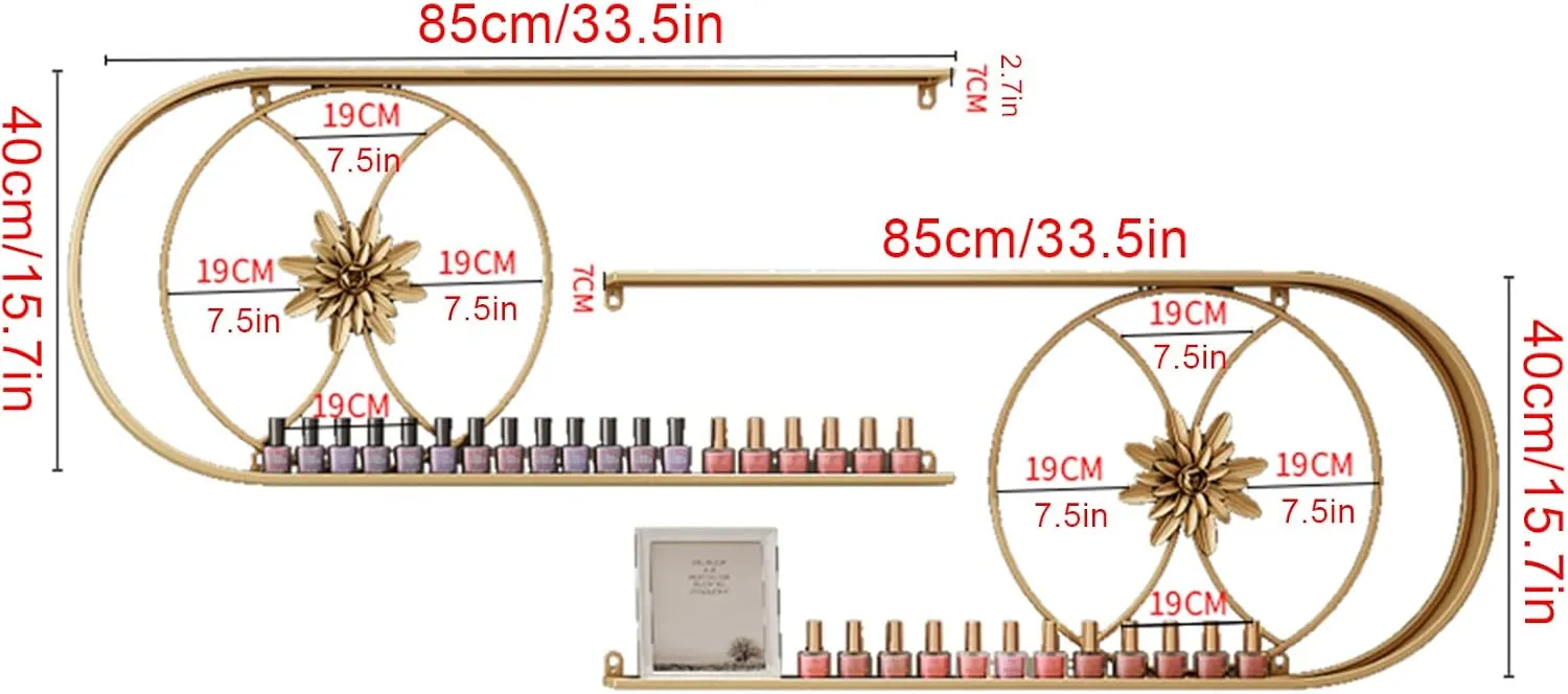 QQXX Metal Nail Polish Bottles Display Organizer,U-Shaped Wall Mounted Holder,Salon Beauty Retail Store Perfume Essential Oil Shelf,Multifunctional Hanging Nail Polish Display Rack(8-Piece Set, Gold)