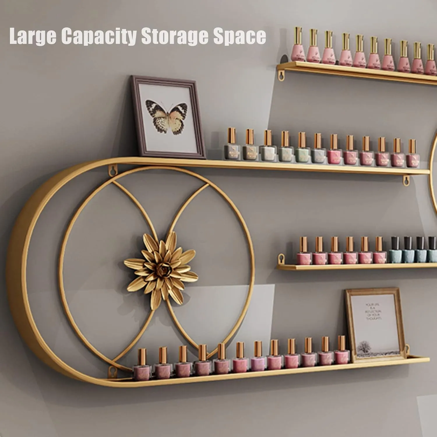 QQXX Metal Nail Polish Bottles Display Organizer,U-Shaped Wall Mounted Holder,Salon Beauty Retail Store Perfume Essential Oil Shelf,Multifunctional Hanging Nail Polish Display Rack(8-Piece Set, Gold)