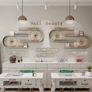 QQXX Metal Nail Polish Bottles Display Organizer,U-Shaped Wall Mounted Holder,Salon Beauty Retail Store Perfume Essential Oil Shelf,Multifunctional Hanging Nail Polish Display Rack(8-Piece Set, Gold)