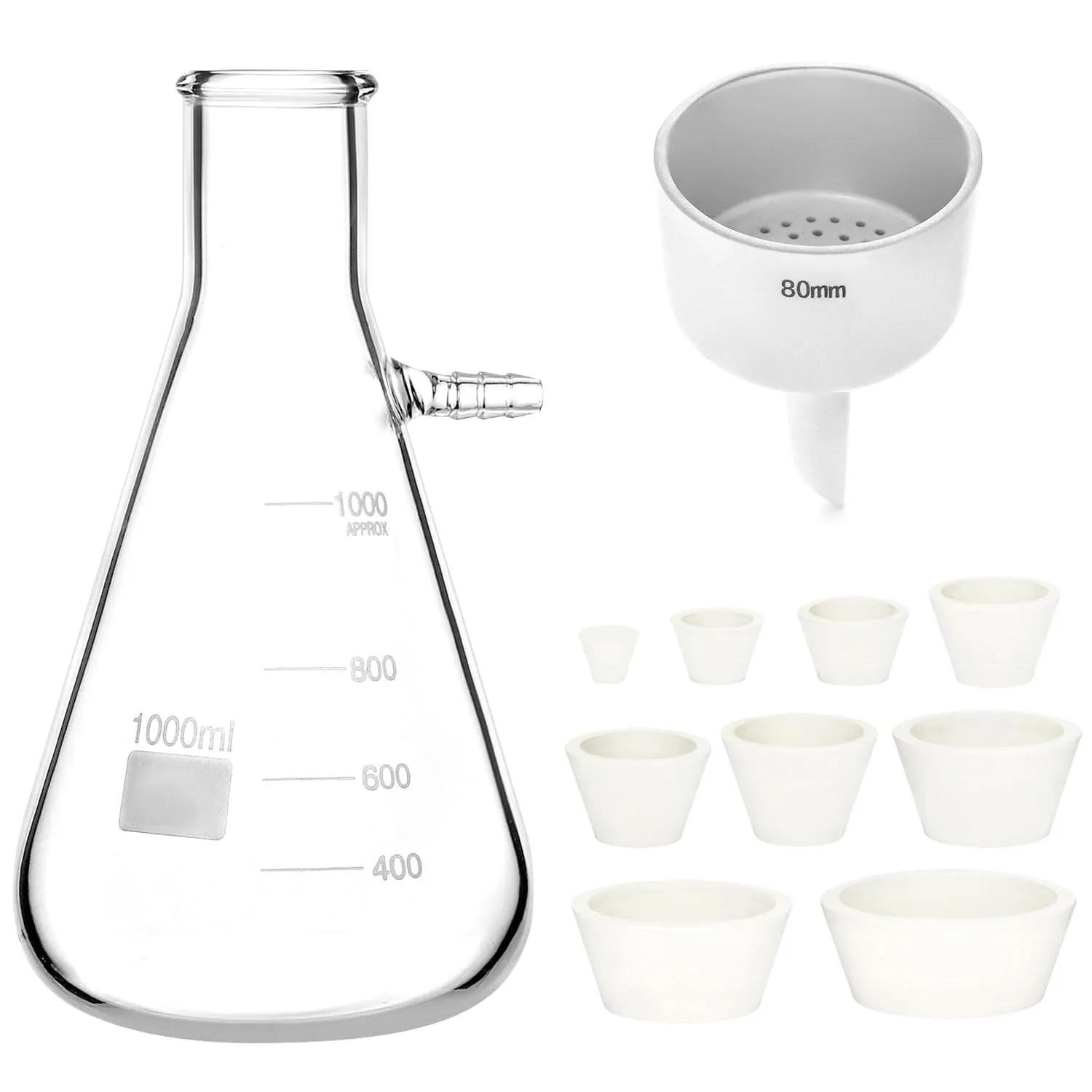 QWORK 1000ML Buchner Funnel Kit Filter Flask Set, 1L Vacuum Flask 80mm Funnel, Borosilicate Glass Heavy Wall Filtering Flask