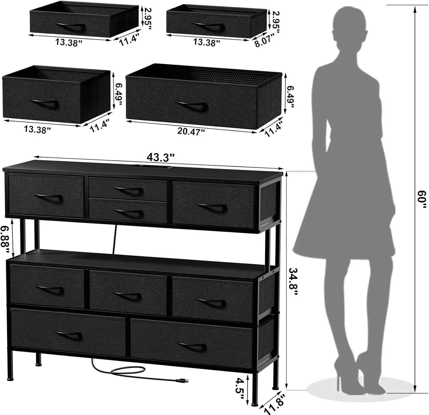 REAHOME Dresser TV Stand with Charging Station and LED Lights, 55” TV Stand with 9 Drawers, Fabric Dresser for Bedroom, Steel Frame, Large Storage Chest of Drawers for Closet, Living Room, Black Gray