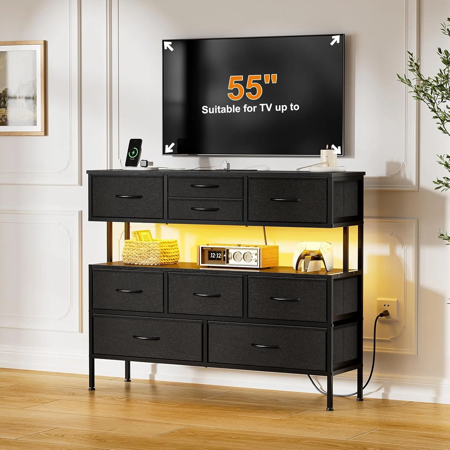 REAHOME Dresser TV Stand with Charging Station and LED Lights, 55” TV Stand with 9 Drawers, Fabric Dresser for Bedroom, Steel Frame, Large Storage Chest of Drawers for Closet, Living Room, Black Gray