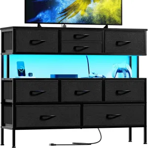 REAHOME Dresser TV Stand with Charging Station and LED Lights, 55” TV Stand with 9 Drawers, Fabric Dresser for Bedroom, Steel Frame, Large Storage Chest of Drawers for Closet, Living Room, Black Gray