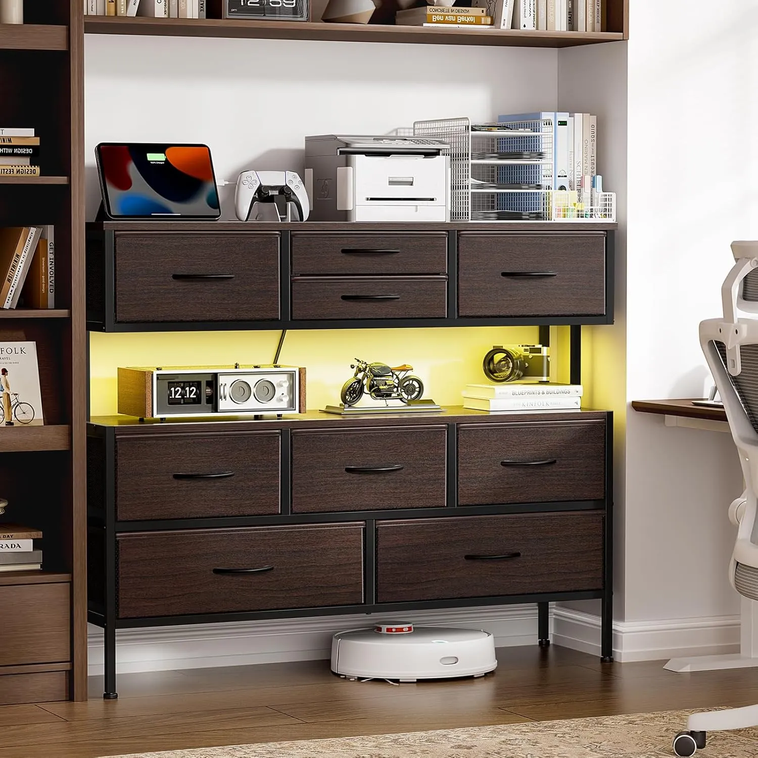 REAHOME Dresser TV Stand with Charging Station and LED Lights, 55” TV Stand with 9 Drawers, Fabric Dresser for Bedroom, Steel Frame, Large Storage Chest of Drawers for Closet, Living Room, Brown