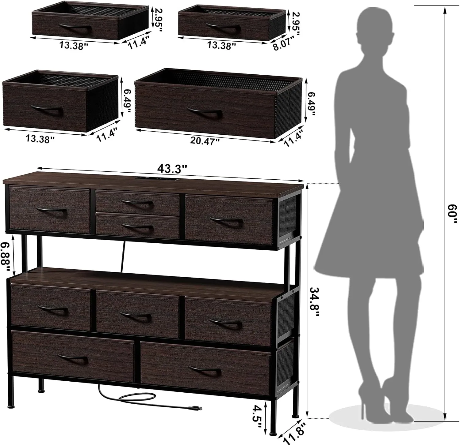 REAHOME Dresser TV Stand with Charging Station and LED Lights, 55” TV Stand with 9 Drawers, Fabric Dresser for Bedroom, Steel Frame, Large Storage Chest of Drawers for Closet, Living Room, Brown