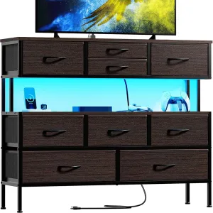 REAHOME Dresser TV Stand with Charging Station and LED Lights, 55” TV Stand with 9 Drawers, Fabric Dresser for Bedroom, Steel Frame, Large Storage Chest of Drawers for Closet, Living Room, Brown