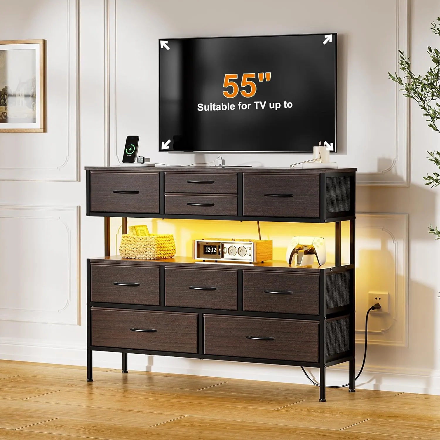 REAHOME Dresser TV Stand with Charging Station and LED Lights, 55” TV Stand with 9 Drawers, Fabric Dresser for Bedroom, Steel Frame, Large Storage Chest of Drawers for Closet, Living Room, Brown