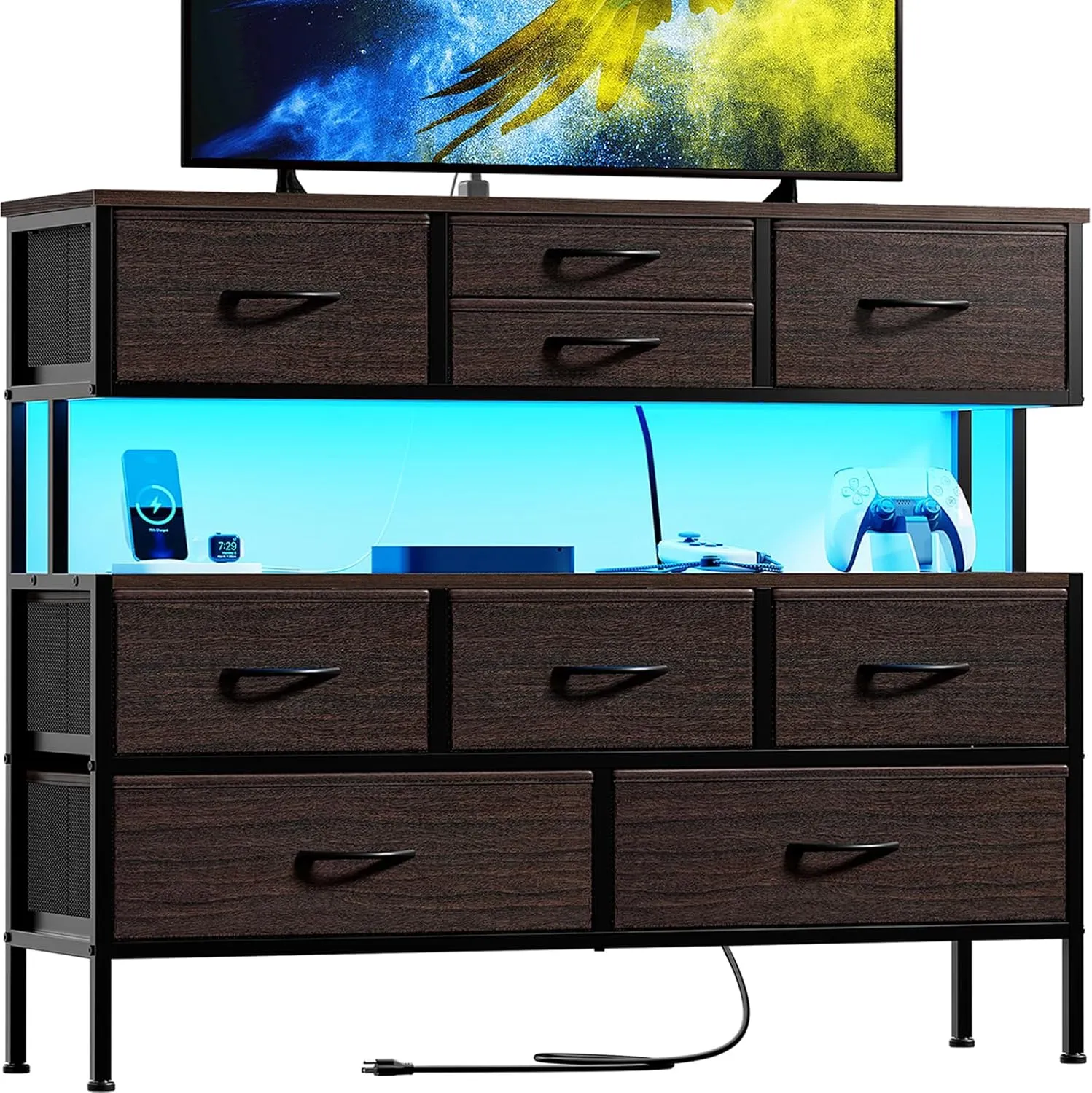 REAHOME Dresser TV Stand with Charging Station and LED Lights, 55” TV Stand with 9 Drawers, Fabric Dresser for Bedroom, Steel Frame, Large Storage Chest of Drawers for Closet, Living Room, Brown