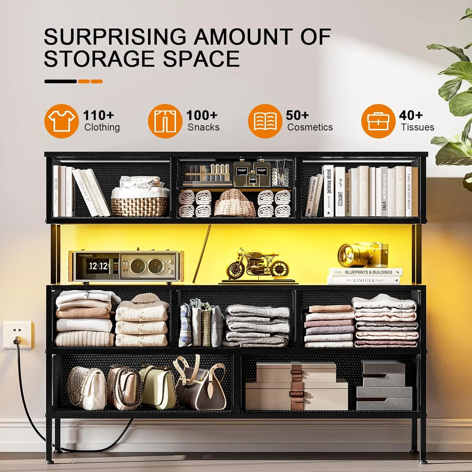 REAHOME Dresser TV Stand with Charging Station and LED Lights, 55” TV Stand with 9 Drawers, Fabric Dresser for Bedroom, Steel Frame, Large Storage Chest of Drawers for Living Room, Charcoal Black