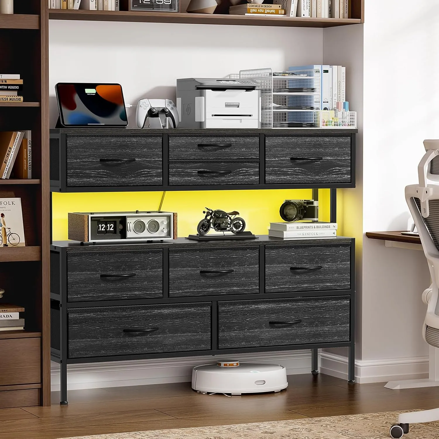 REAHOME Dresser TV Stand with Charging Station and LED Lights, 55” TV Stand with 9 Drawers, Fabric Dresser for Bedroom, Steel Frame, Large Storage Chest of Drawers for Living Room, Charcoal Black