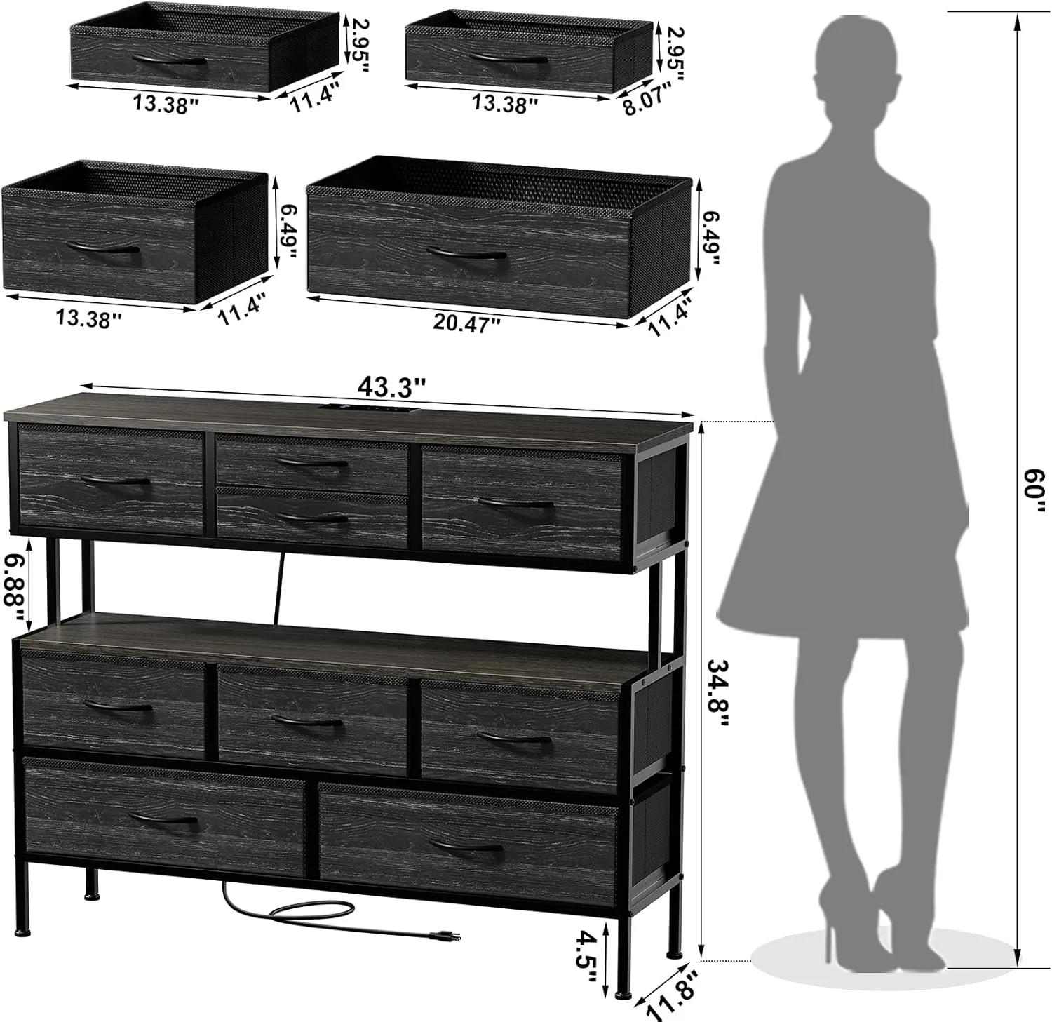 REAHOME Dresser TV Stand with Charging Station and LED Lights, 55” TV Stand with 9 Drawers, Fabric Dresser for Bedroom, Steel Frame, Large Storage Chest of Drawers for Living Room, Charcoal Black