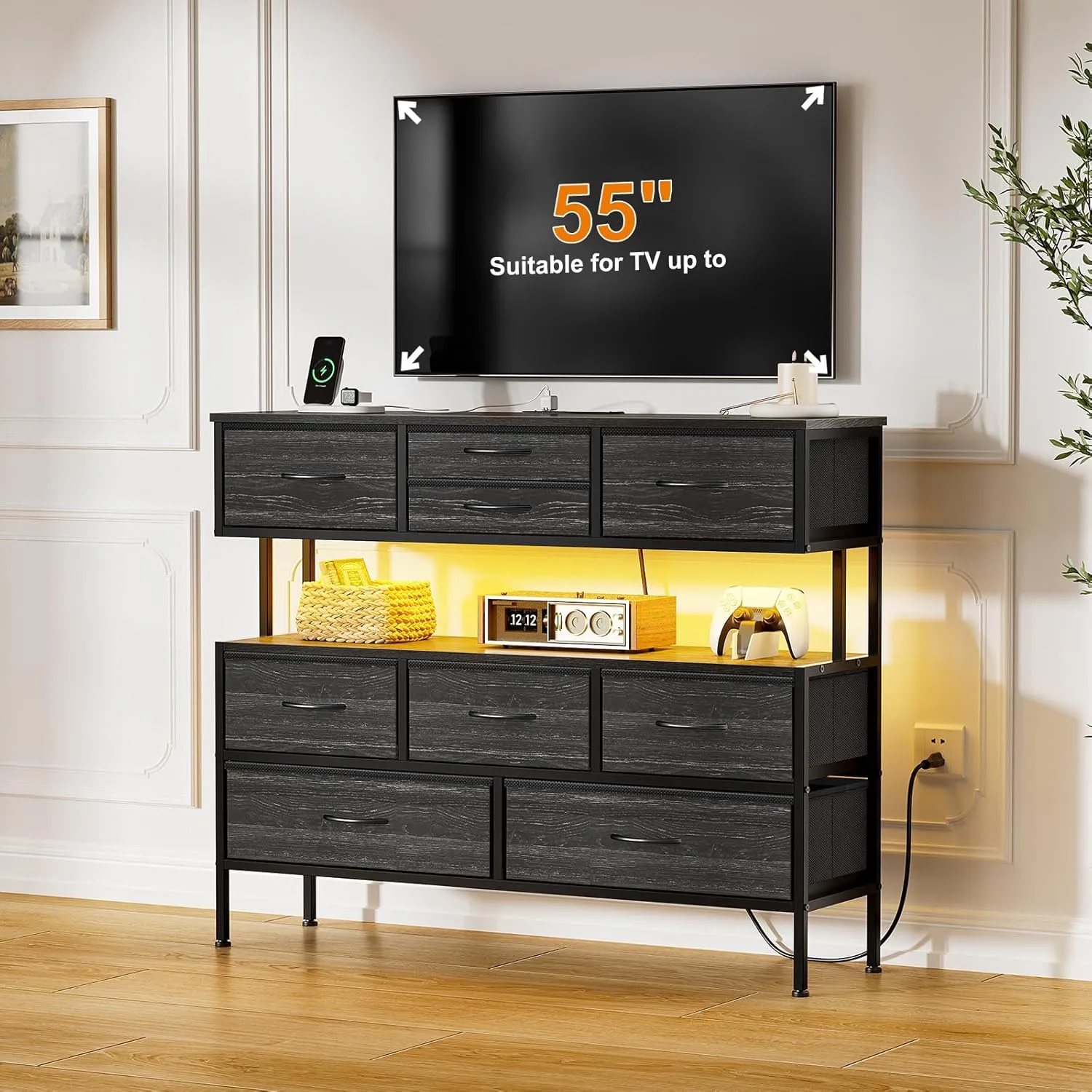 REAHOME Dresser TV Stand with Charging Station and LED Lights, 55” TV Stand with 9 Drawers, Fabric Dresser for Bedroom, Steel Frame, Large Storage Chest of Drawers for Living Room, Charcoal Black