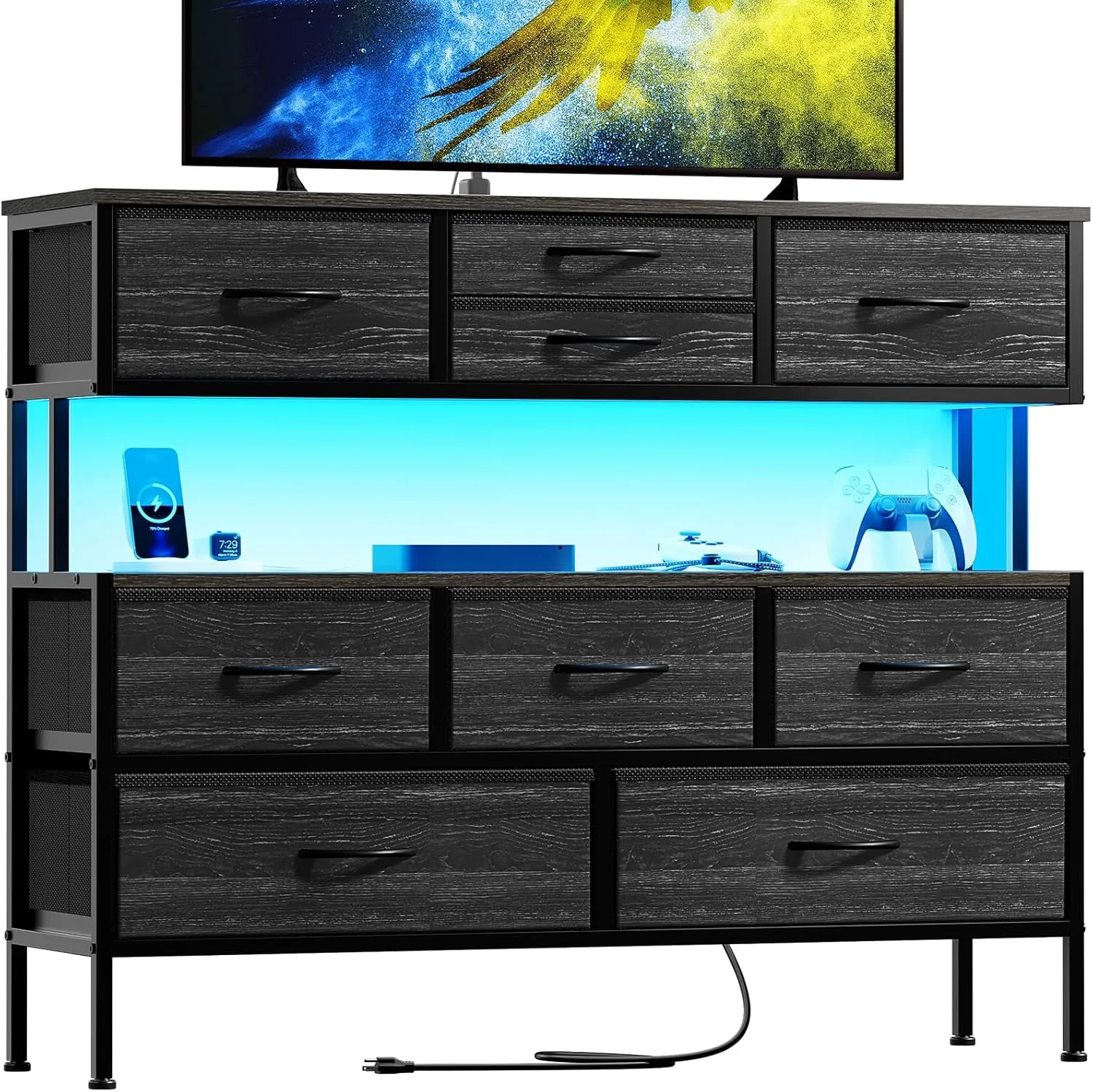 REAHOME Dresser TV Stand with Charging Station and LED Lights, 55” TV Stand with 9 Drawers, Fabric Dresser for Bedroom, Steel Frame, Large Storage Chest of Drawers for Living Room, Charcoal Black