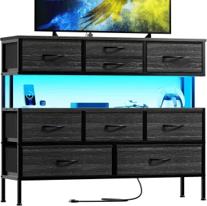 REAHOME Dresser TV Stand with Charging Station and LED Lights, 55” TV Stand with 9 Drawers, Fabric Dresser for Bedroom, Steel Frame, Large Storage Chest of Drawers for Living Room, Charcoal Black