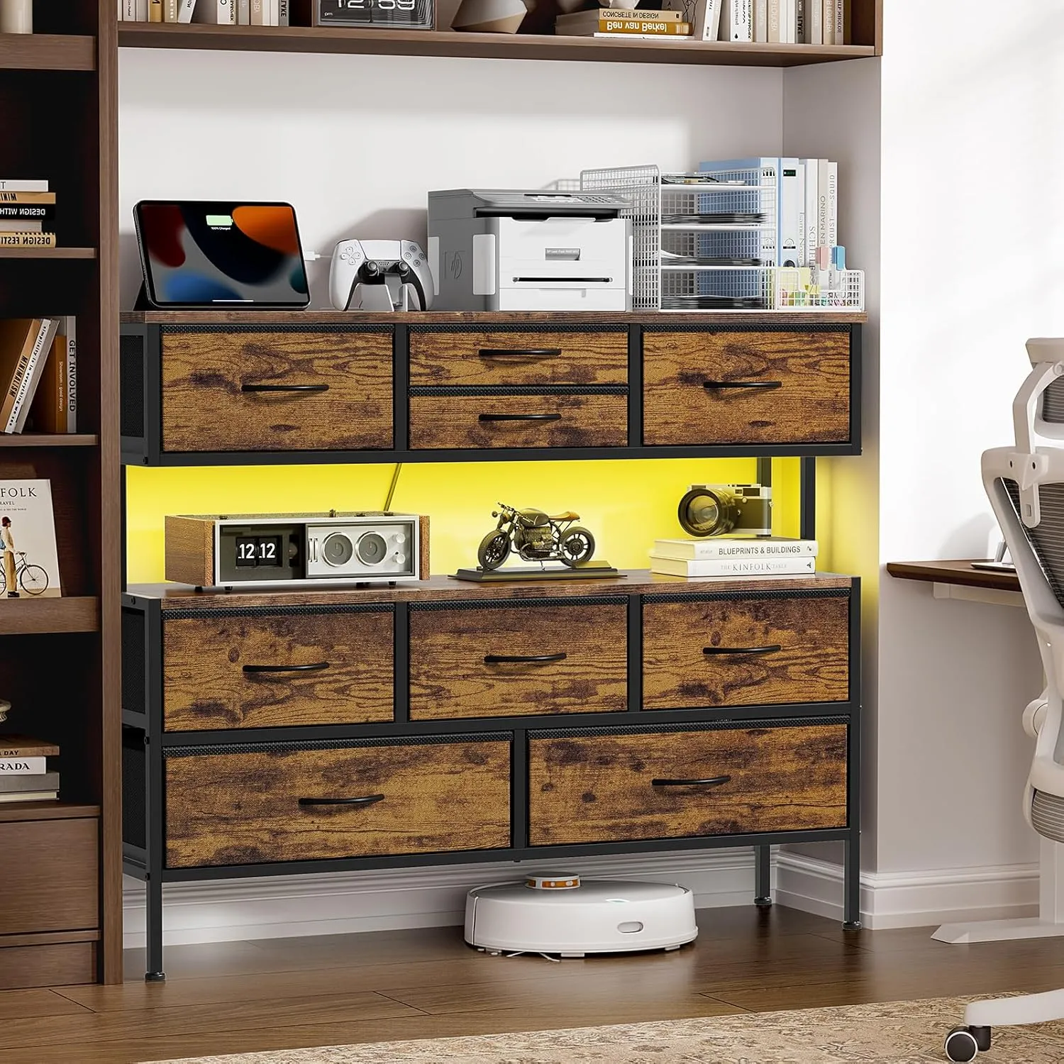 REAHOME Dresser TV Stand with Charging Station and LED Lights, 55” TV Stand with 9 Drawers, Fabric Dresser for Bedroom, Steel Frame, Large Storage Chest of Drawers for Living Room, Rustic Brown