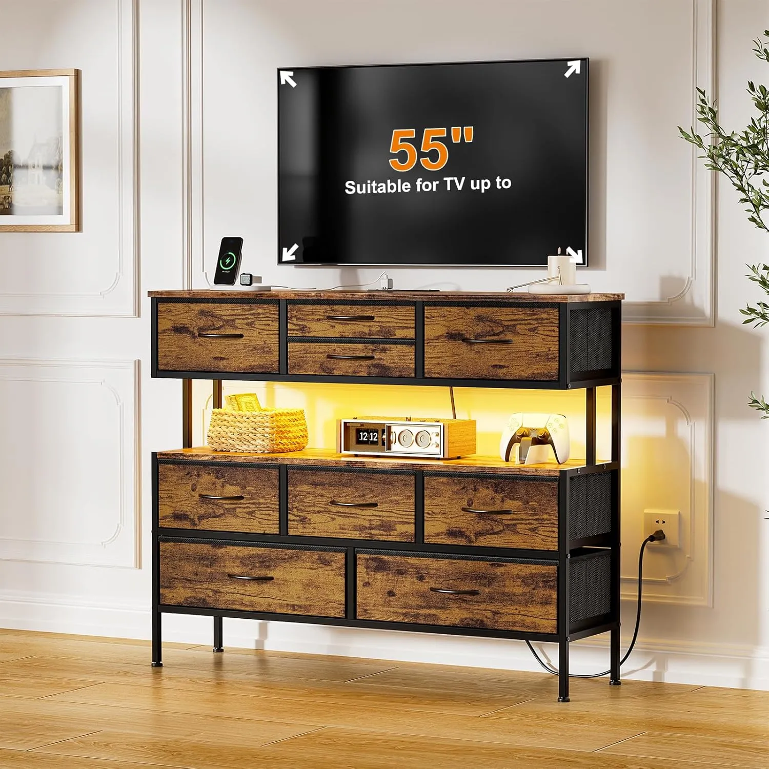 REAHOME Dresser TV Stand with Charging Station and LED Lights, 55” TV Stand with 9 Drawers, Fabric Dresser for Bedroom, Steel Frame, Large Storage Chest of Drawers for Living Room, Rustic Brown