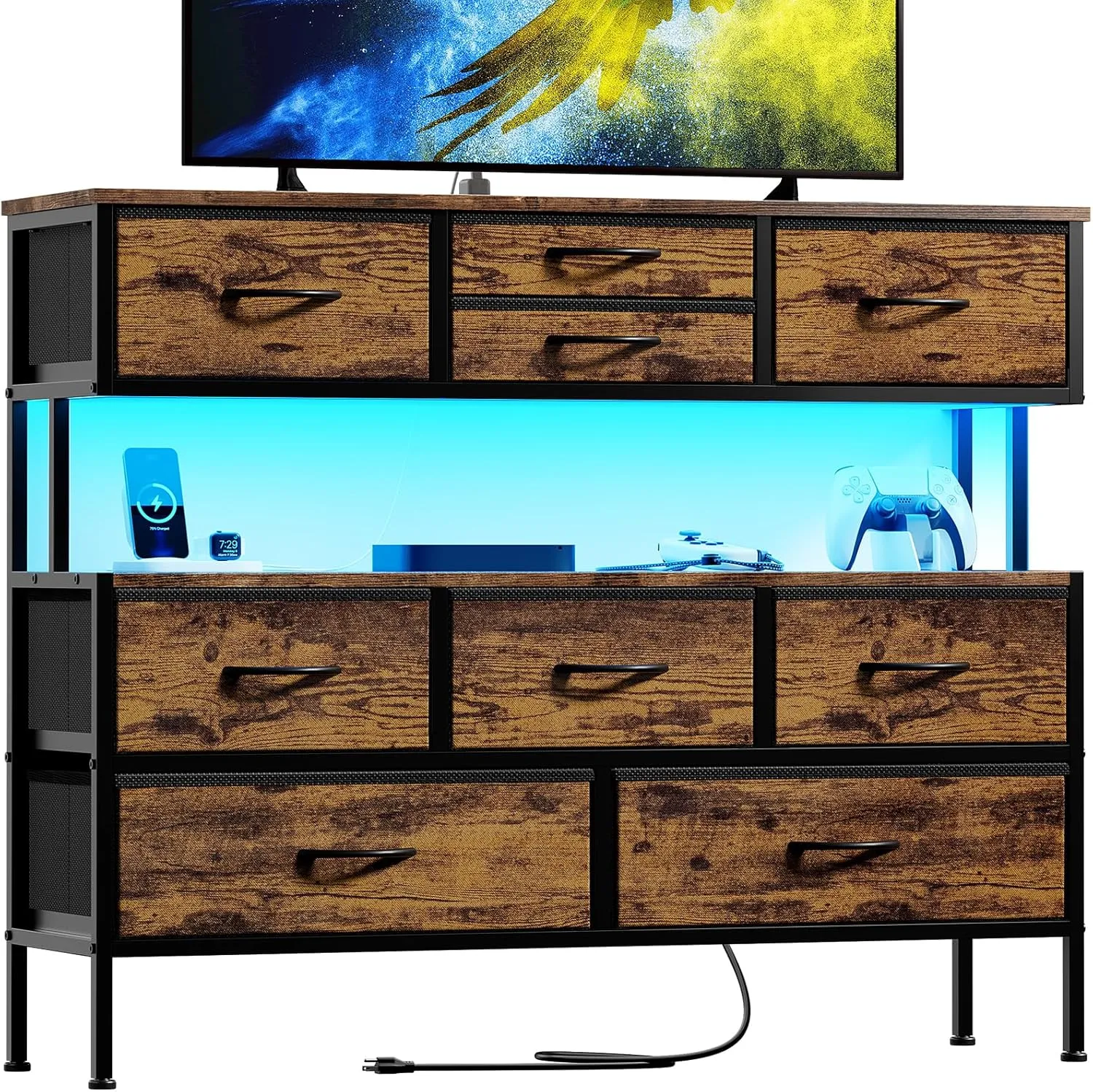 REAHOME Dresser TV Stand with Charging Station and LED Lights, 55” TV Stand with 9 Drawers, Fabric Dresser for Bedroom, Steel Frame, Large Storage Chest of Drawers for Living Room, Rustic Brown