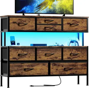 REAHOME Dresser TV Stand with Charging Station and LED Lights, 55” TV Stand with 9 Drawers, Fabric Dresser for Bedroom, Steel Frame, Large Storage Chest of Drawers for Living Room, Rustic Brown