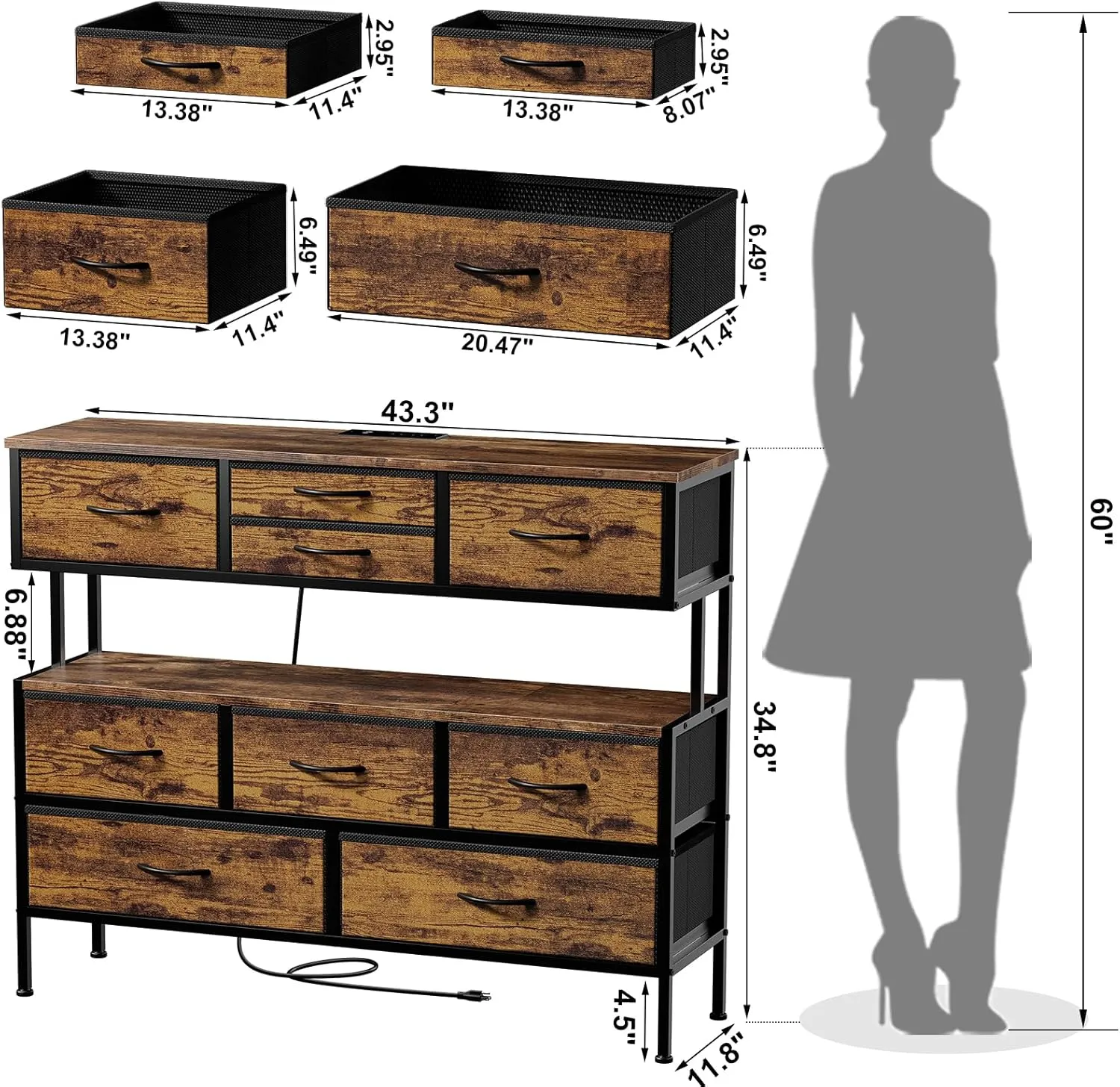 REAHOME Dresser TV Stand with Charging Station and LED Lights, 55” TV Stand with 9 Drawers, Fabric Dresser for Bedroom, Steel Frame, Large Storage Chest of Drawers for Living Room, Rustic Brown
