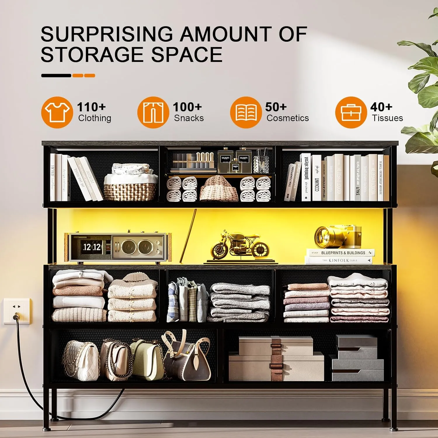 REAHOME Dresser TV Stand with Charging Station and LED Lights, 55” TV Stand with 9 Drawers, Fabric Dresser for Bedroom, Steel Frame, Large Storage Chest of Drawers for Living Room, Rustic Brown