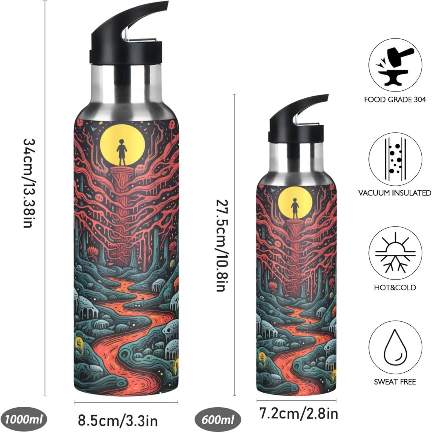 Red Forest Moonlight Art Sport Water Bottle Insulated Stainless Steel Large Vacuum Flask Leak Proof Thermos with Straw for Travel(600ml/1000ml)