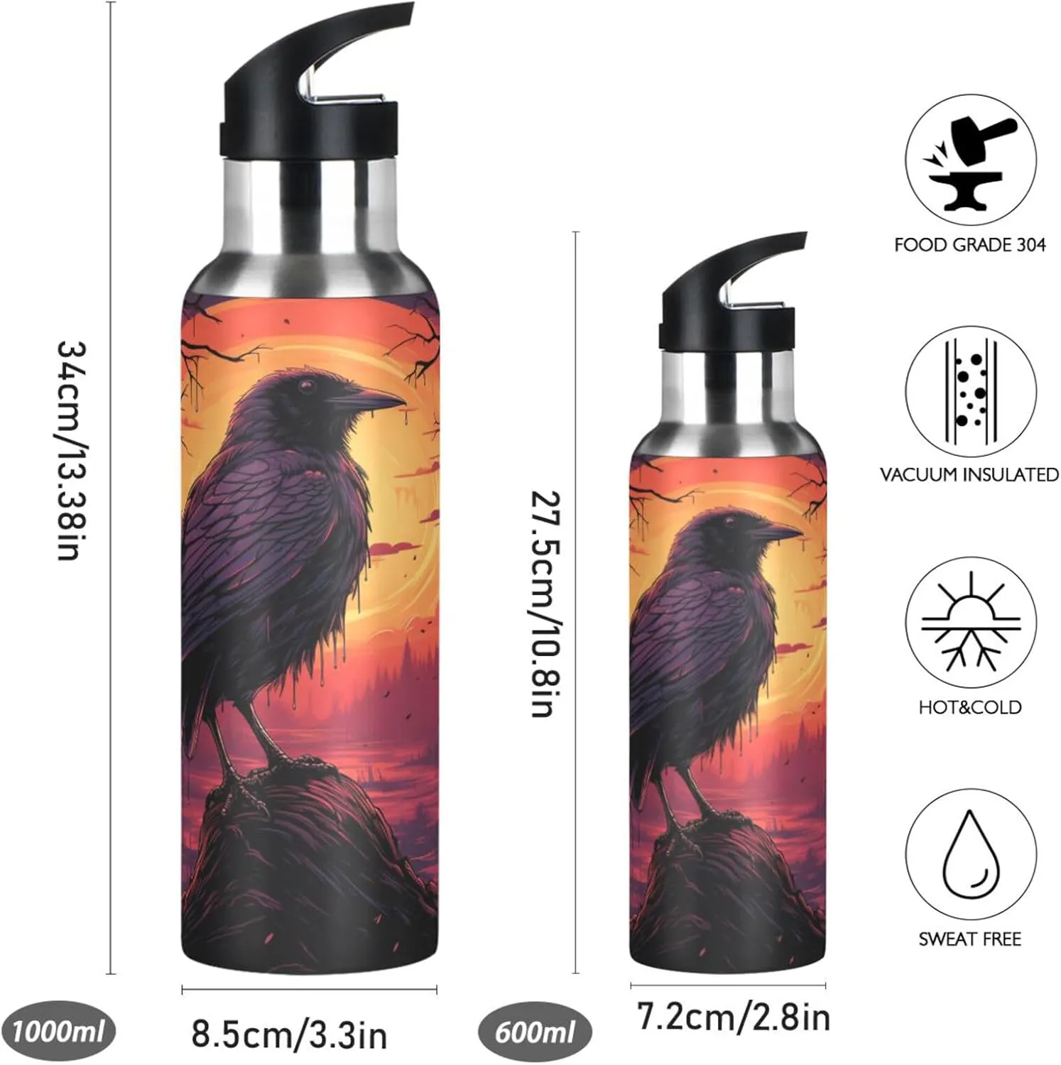 Red Moon Art Bird Sport Water Bottle Insulated Stainless Steel Large Vacuum Flask Leak Proof Thermos with Straw for Travel(600ml/1000ml)