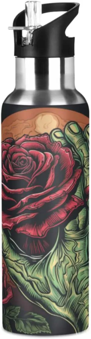 Red Rose Hand Green Art Sport Water Bottle Insulated Stainless Steel Large Vacuum Flask Leak Proof Thermos with Straw for Travel(600ml/1000ml)