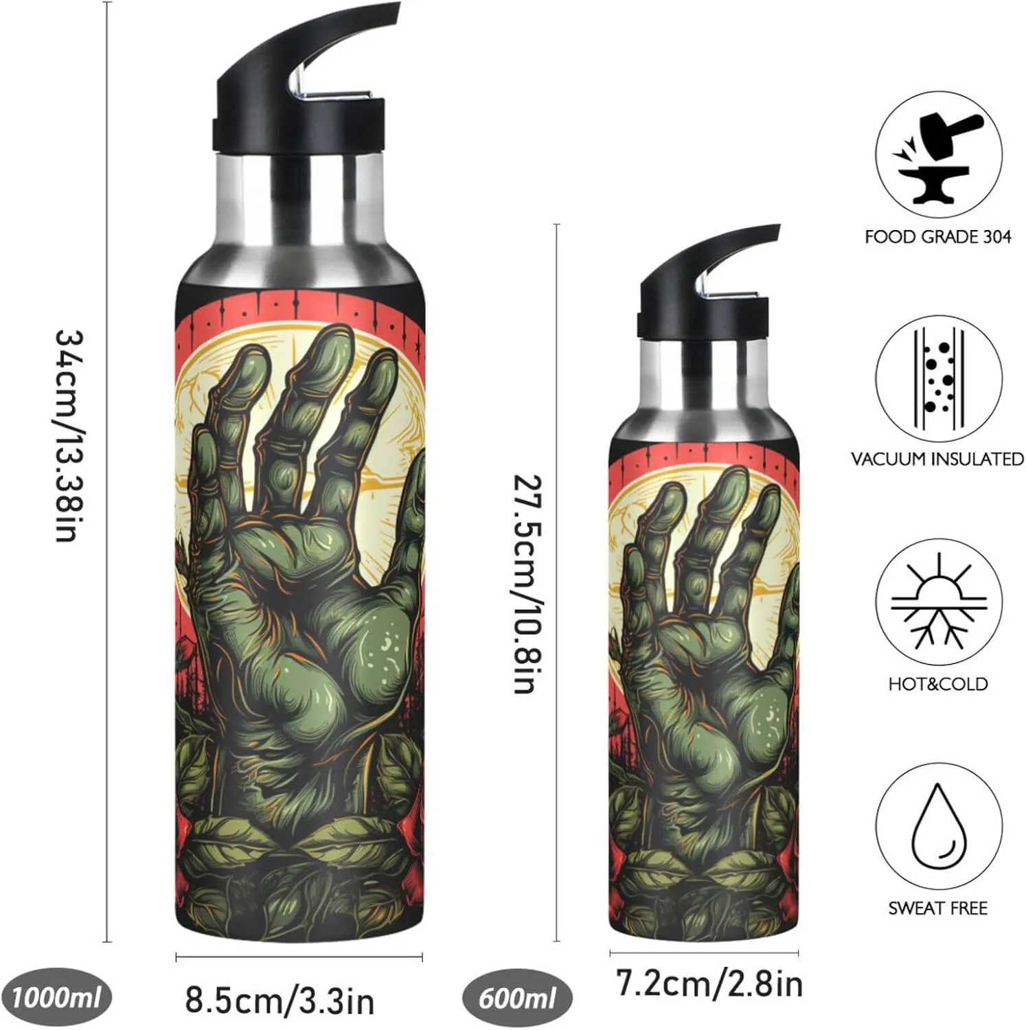 Red Rose Hand Moon Art Sport Water Bottle Insulated Stainless Steel Large Vacuum Flask Leak Proof Thermos with Straw for Travel(600ml/1000ml)