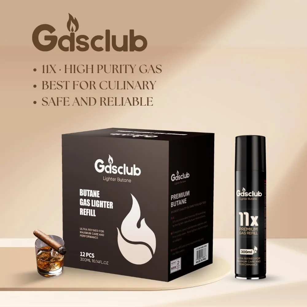 Refill Butane Gas 11X High-Purity 300ml Butane Fuel for Torch Lighters, Butane Torches, and Refillable Lighters, 12 Pack