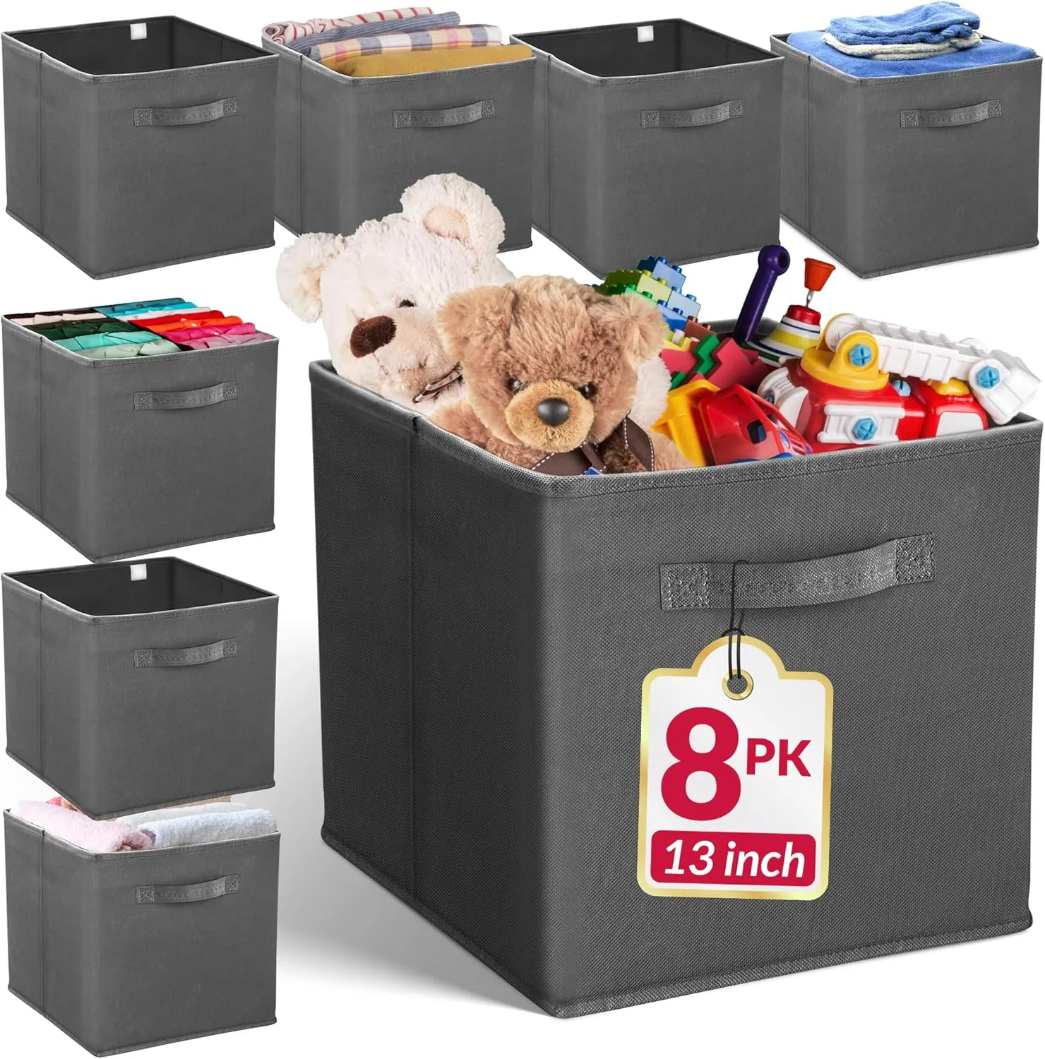 Reli. 13x13x13 Storage Cube Bins (8 Pack) | Large Cube Organizer Bins | 13x13 Fabric Storage Boxes | Fits Kallax | Collapsible, Foldable Fabric Cubby Box (Square) | Kids Room Organization (Dark Gray)