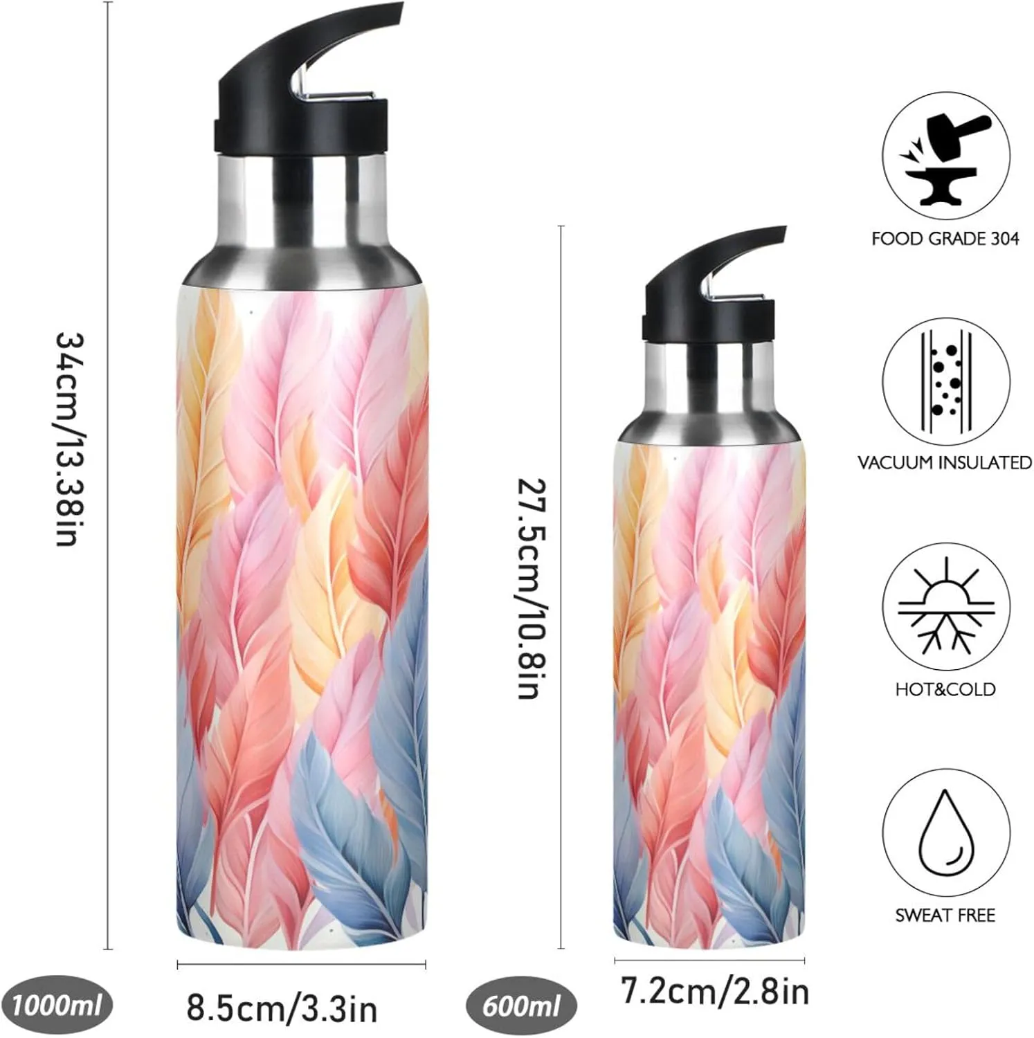 Repeating Feathers Art Sport Water Bottle Insulated Stainless Steel Large Vacuum Flask Leak Proof Thermos with Straw for Travel(600ml/1000ml)