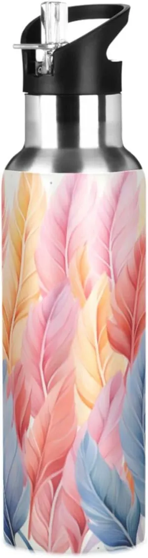 Repeating Feathers Art Sport Water Bottle Insulated Stainless Steel Large Vacuum Flask Leak Proof Thermos with Straw for Travel(600ml/1000ml)