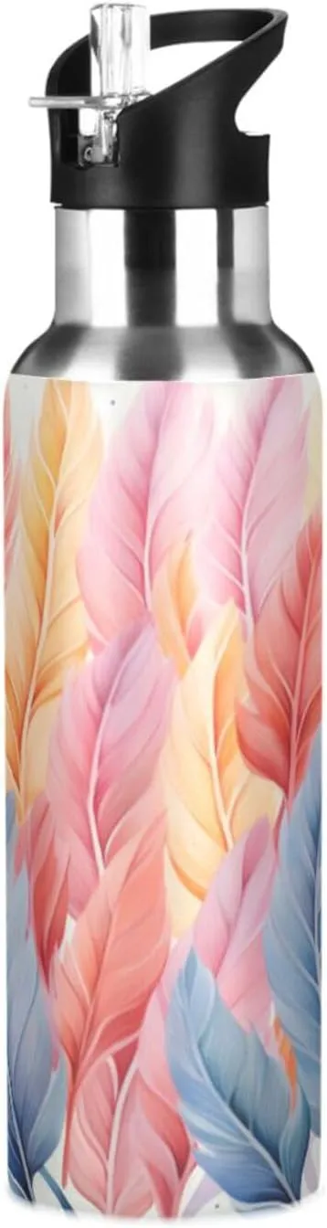 Repeating Feathers Art Sport Water Bottle Insulated Stainless Steel Large Vacuum Flask Leak Proof Thermos with Straw for Travel(600ml/1000ml)