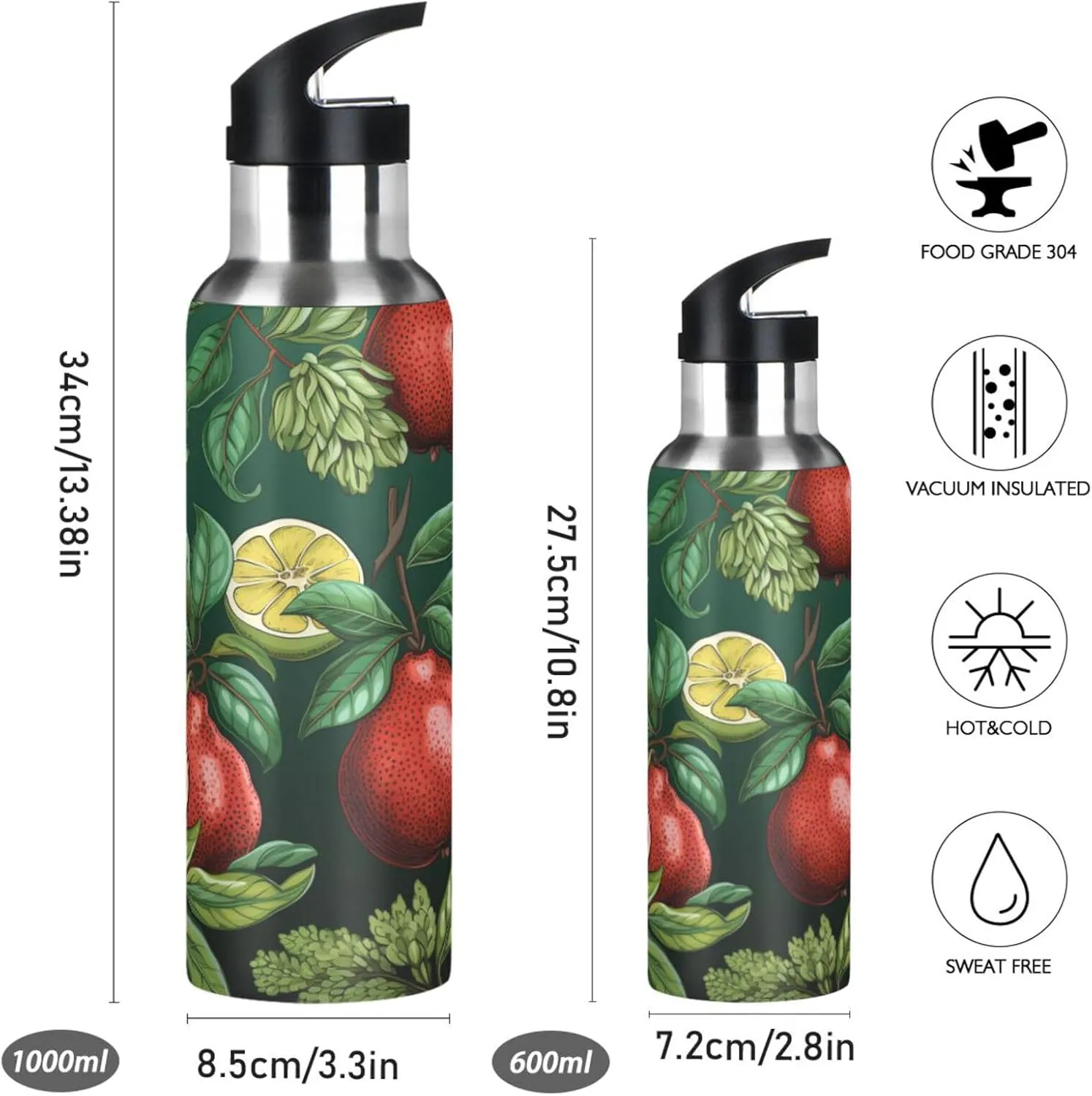 Repeating Pattern Guanabana Sport Water Bottle Insulated Stainless Steel Large Vacuum Flask Leak Proof Thermos with Straw for Travel(600ml/1000ml)