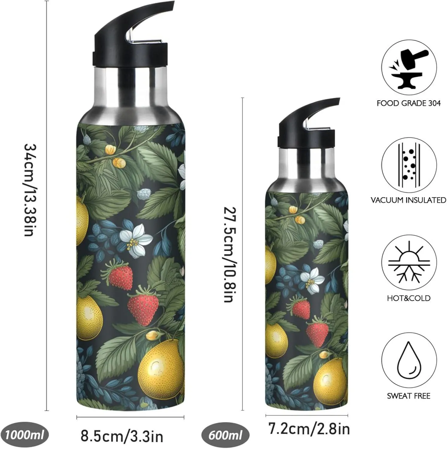 Repeating Pattern Lemons Sport Water Bottle Insulated Stainless Steel Large Vacuum Flask Leak Proof Thermos with Straw for Travel(600ml/1000ml)