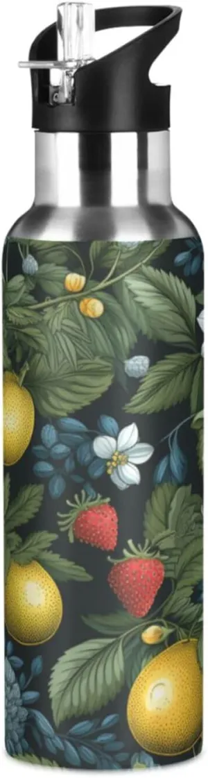 Repeating Pattern Lemons Sport Water Bottle Insulated Stainless Steel Large Vacuum Flask Leak Proof Thermos with Straw for Travel(600ml/1000ml)