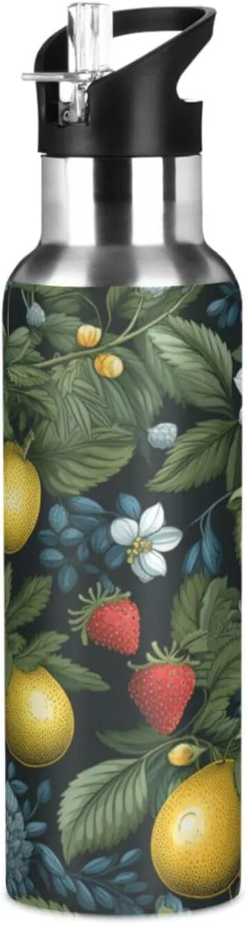 Repeating Pattern Lemons Sport Water Bottle Insulated Stainless Steel Large Vacuum Flask Leak Proof Thermos with Straw for Travel(600ml/1000ml)
