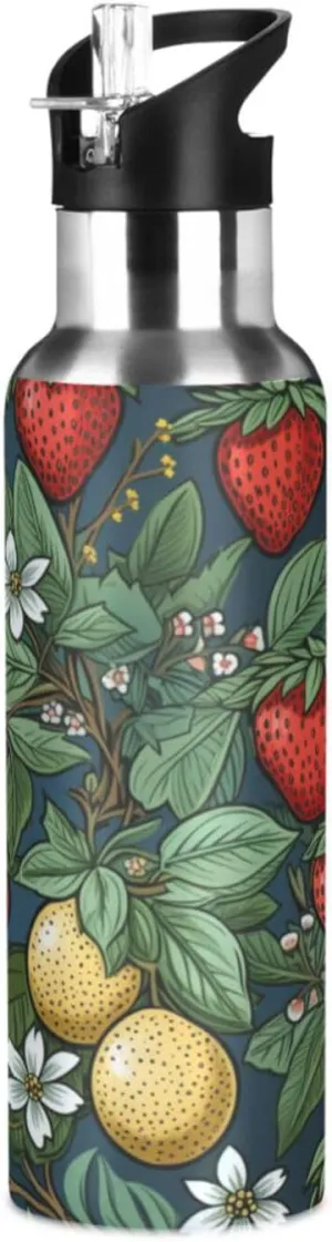 Repeating Pattern Strawberry Sport Water Bottle Insulated Stainless Steel Large Vacuum Flask Leak Proof Thermos with Straw for Travel(600ml/1000ml)