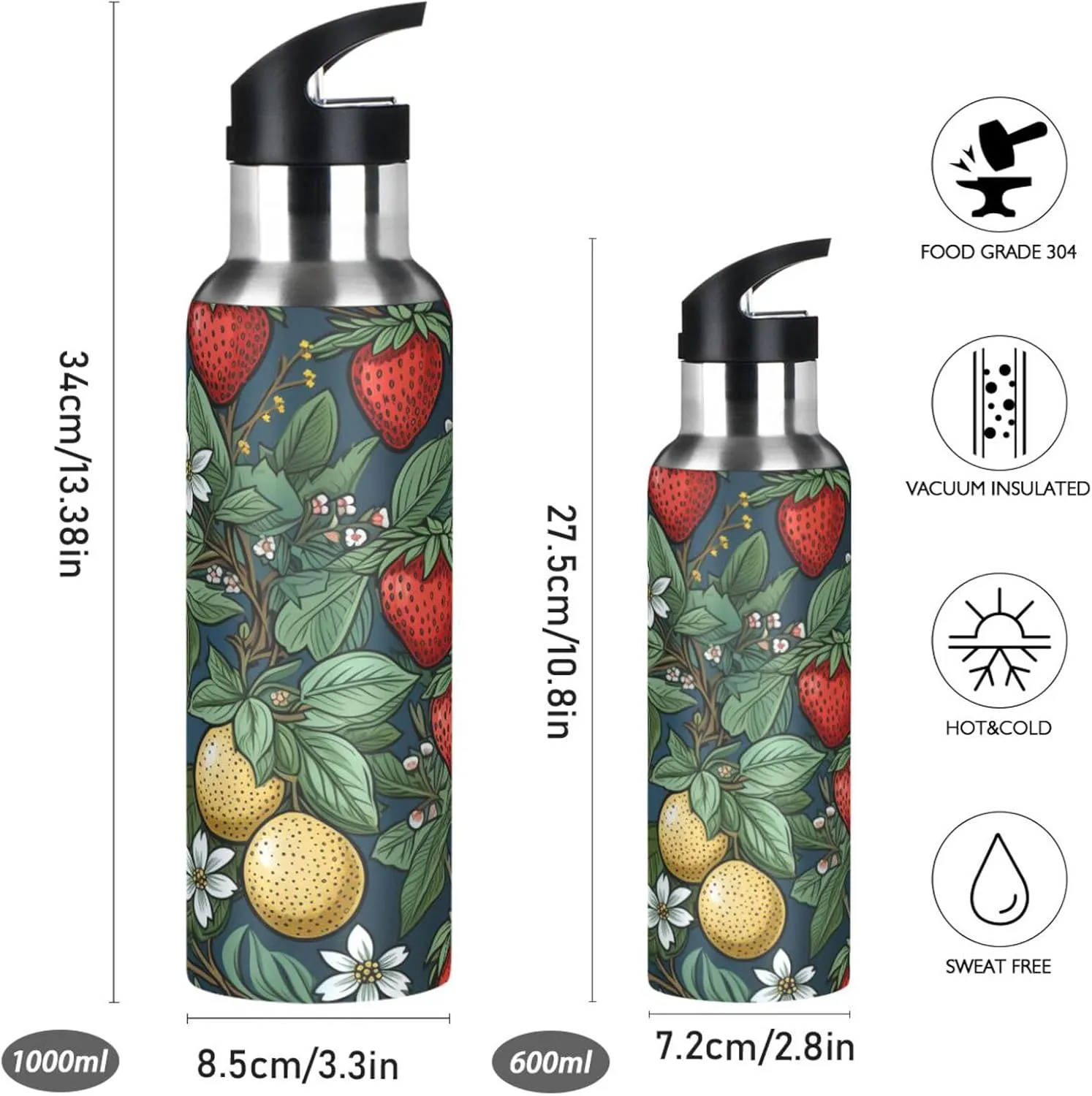 Repeating Pattern Strawberry Sport Water Bottle Insulated Stainless Steel Large Vacuum Flask Leak Proof Thermos with Straw for Travel(600ml/1000ml)