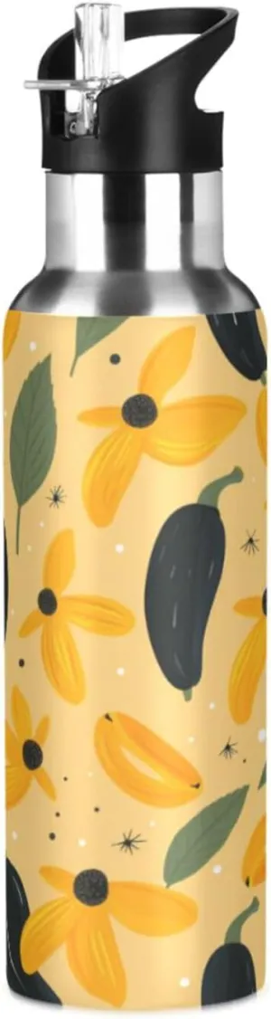 Repeating Pattern Yellow Art Sport Water Bottle Insulated Stainless Steel Large Vacuum Flask Leak Proof Thermos with Straw for Travel(600ml/1000ml)