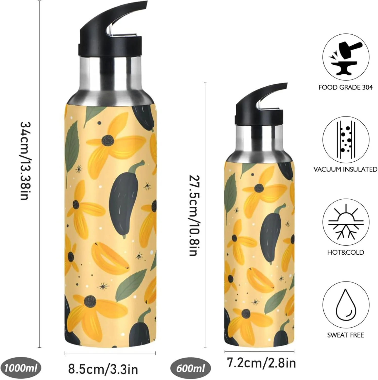 Repeating Pattern Yellow Art Sport Water Bottle Insulated Stainless Steel Large Vacuum Flask Leak Proof Thermos with Straw for Travel(600ml/1000ml)