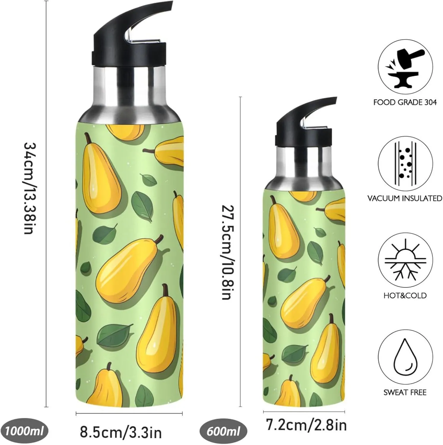 Repeating Pattern Yellow Friut Sport Water Bottle Insulated Stainless Steel Large Vacuum Flask Leak Proof Thermos with Straw for Travel(600ml/1000ml)