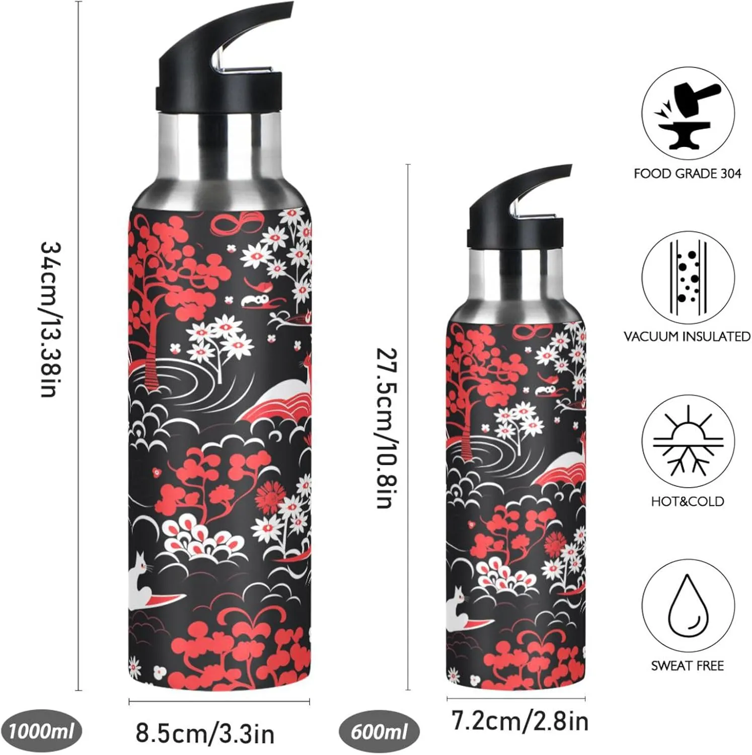 Repeating Red Flower Pattern Sport Water Bottle Insulated Stainless Steel Large Vacuum Flask Leak Proof Thermos with Straw for Travel(600ml/1000ml)