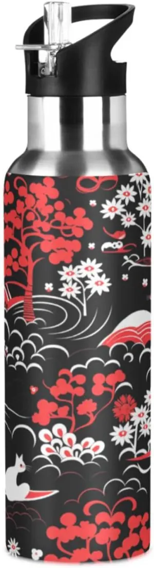 Repeating Red Flower Pattern Sport Water Bottle Insulated Stainless Steel Large Vacuum Flask Leak Proof Thermos with Straw for Travel(600ml/1000ml)