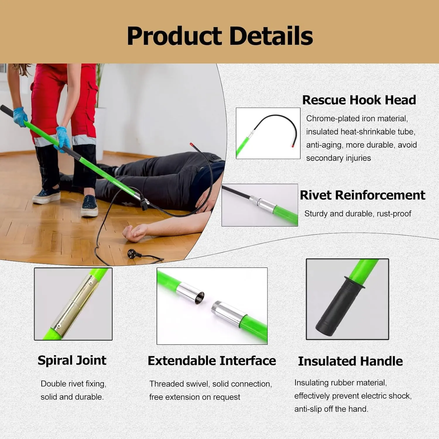 Rescue Hook Lifeguard Rod 3 Set High Voltage Insulated Rescue Hook with Canvas Bag, Anti-Electrocution Rescue Hook with Rescue Pole, for Fire Electrician Factory/Home Power Station Substation(Yellow,2