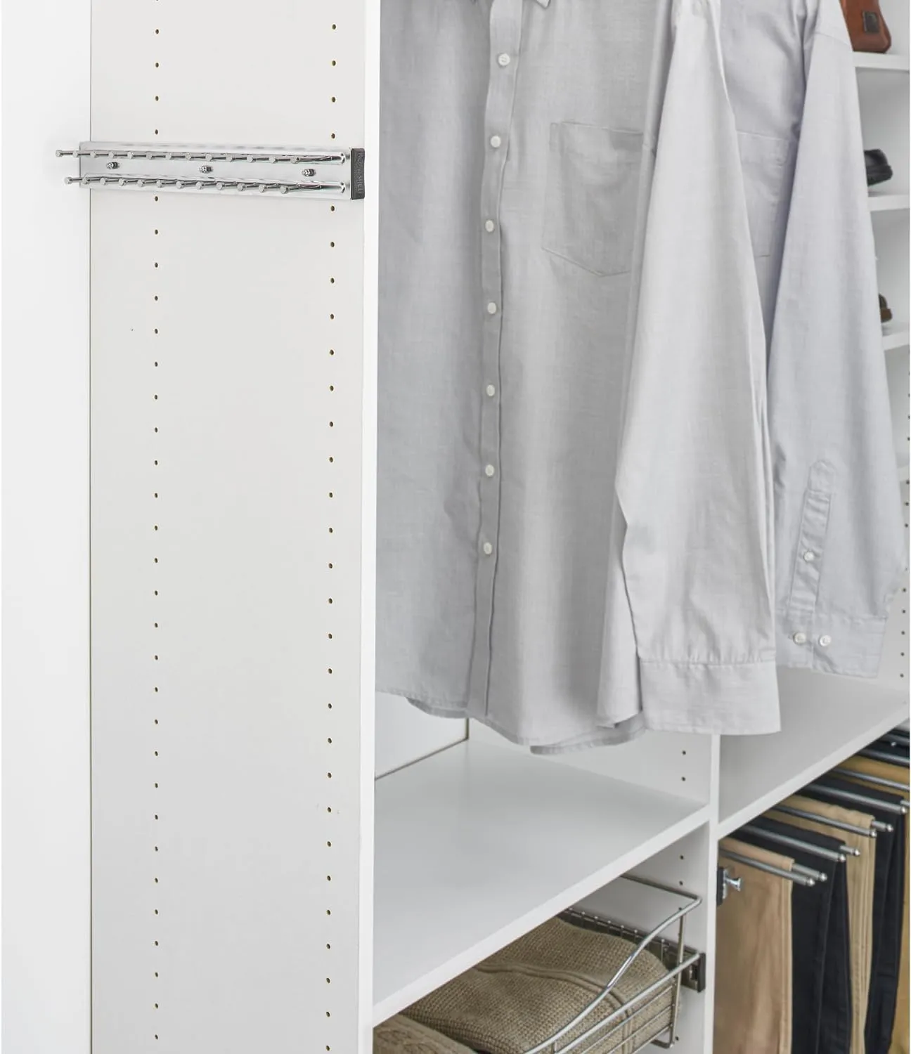 Rev-A-Shelf Pullout 14 Inch Side Mount Extending Closet Tie and Belt Organization Storage Rack Holder for Up to 25 Ties, Chrome, TRC-14CR