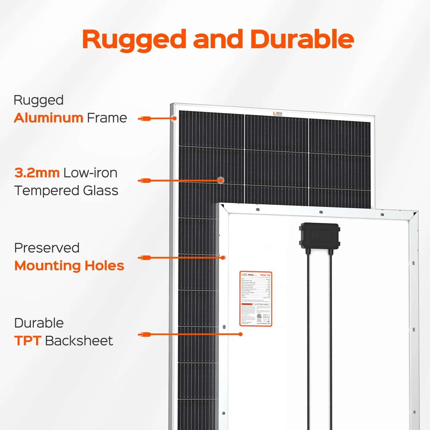 RICH SOLAR 150 Watt 12 Volt 18BB Cell Monocrystalline Solar Panel High Efficiency Solar Module Charge Battery for RV Marine Boat Off Grid