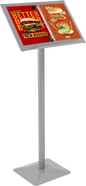 Ring Binder Floor Stand, Catalogue Browser Floor Stand Brochure Vertical Menu Stand Sign Holder Shopping Guide Billboard Signage Stand with 10 Document Bags for Placing Menus (Silver)